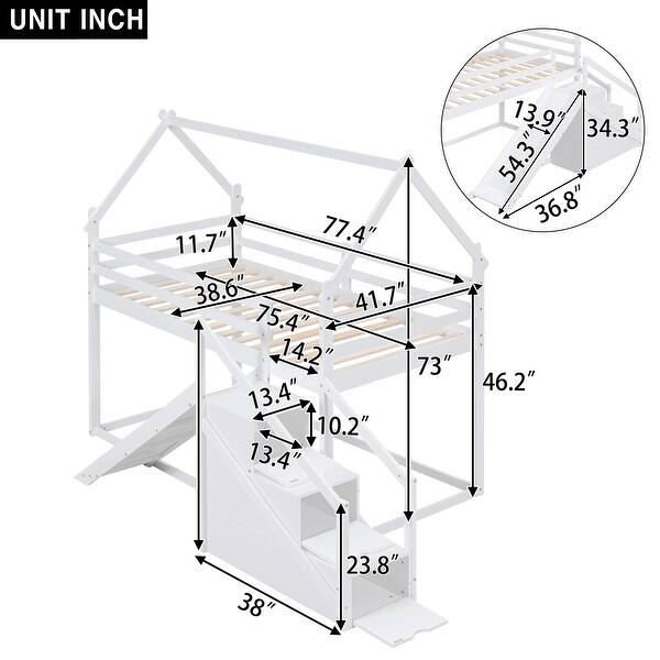 dimension image slide 1 of 2, White Twin Over Twin House Bunk Bed with Slide and Storage Staircase, Wooden Loft Bed with Guardrails for Kids