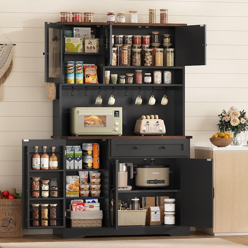 Farmhouse Kitchen Pantry Cabinet Drawer & Doors Adjustable Shelf