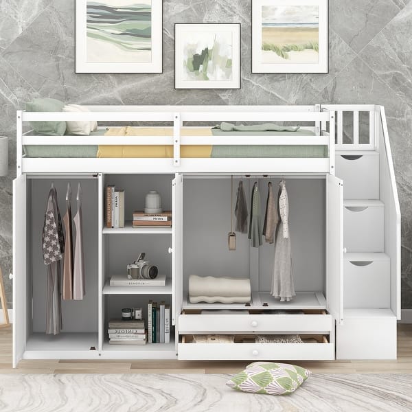 slide 2 of 16, Functional Twin Size Loft Bed with 3 Shelves, 2 Wardrobes and 2 Drawers, Ladder with Storage White