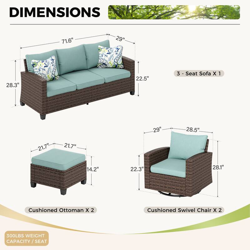 MAISON ARTS 7-Seat Patio Furniture Wicker Conversation Set with 2 x Swivel Glider Sofa Chairs, 3-seat Sofa and Ottoman