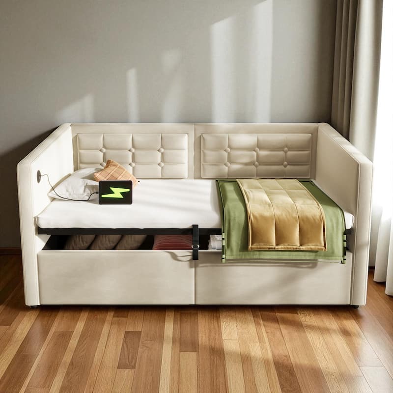 Upholstered Twin Daybed with Hydraulic Storage, USB & Type-C Charging, Velvet Frame with Wooden Slats