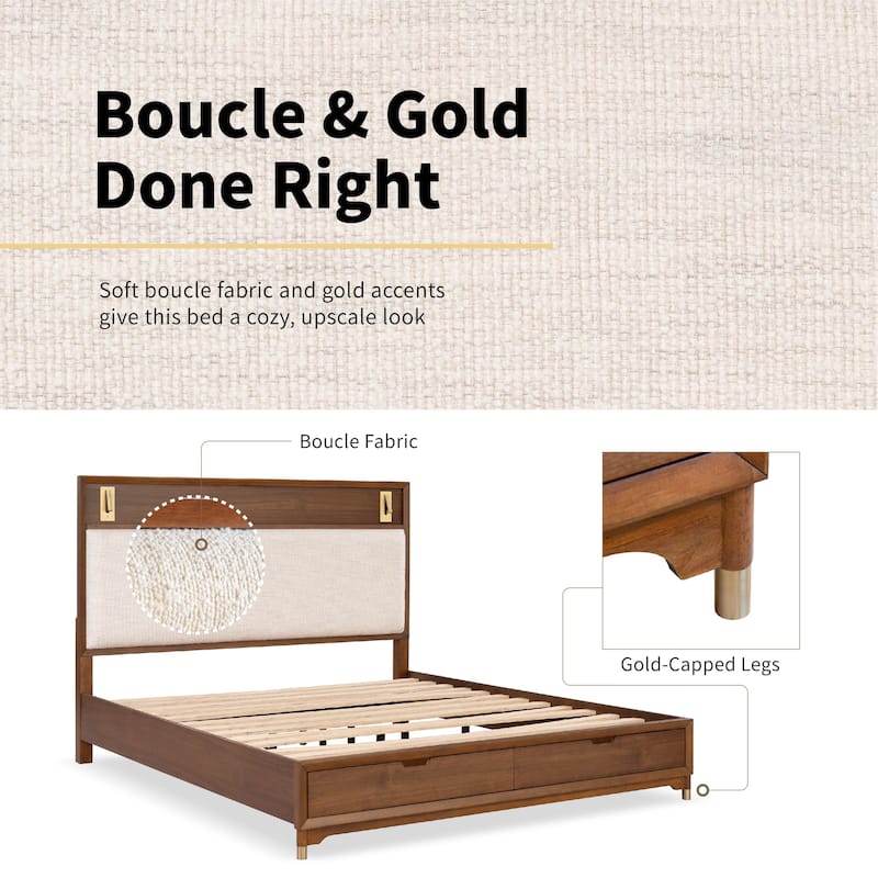 Furniture of America Forma Mid-Century Modern Walnut Boucle Storage Platform Bed with LED Reading Light