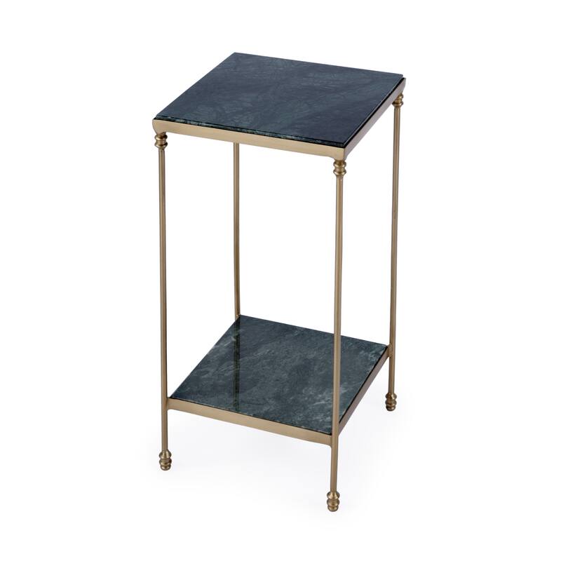 HomeRoots 24" Green and Gold Marble and Iron Square End Table With Shelf - 11.50 in. x 24.00 in. x 11.50 in.