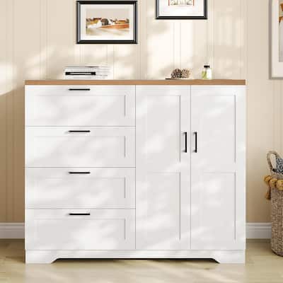 Multifunctional Wooden Dresser for Bedroom, 43.3'' H 2 Door Wardrobe Armoire Closet with 4 Drawers and Hanging Rod