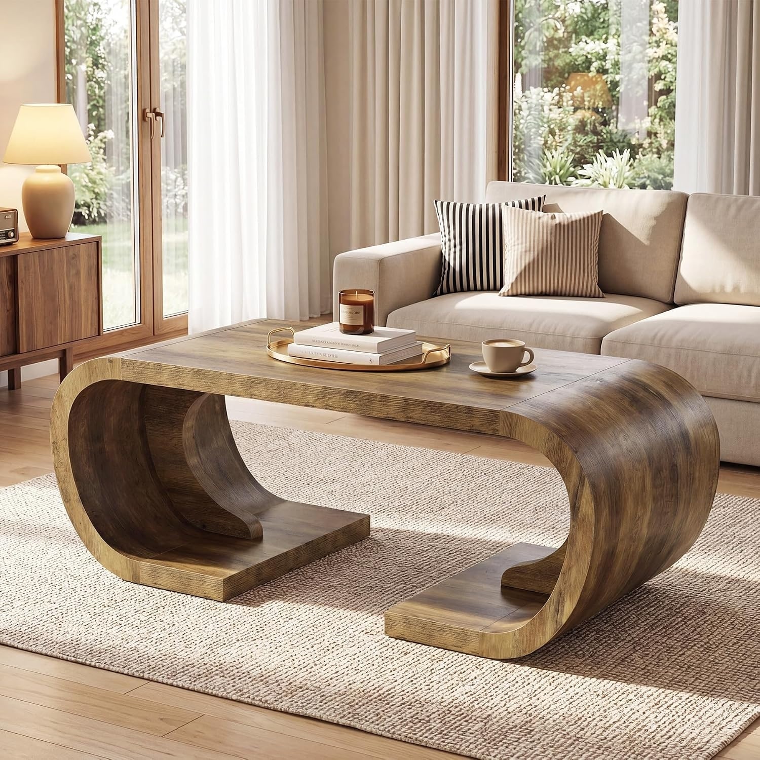 47" Modern Coffee Table, Large Curved U-Shaped Center Table for Living Room