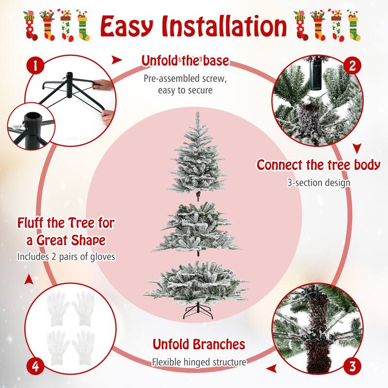 Gymax 6/7/8 FT Snow Flocked Christmas Tree w/ 661/1119/1447 PVC & PE