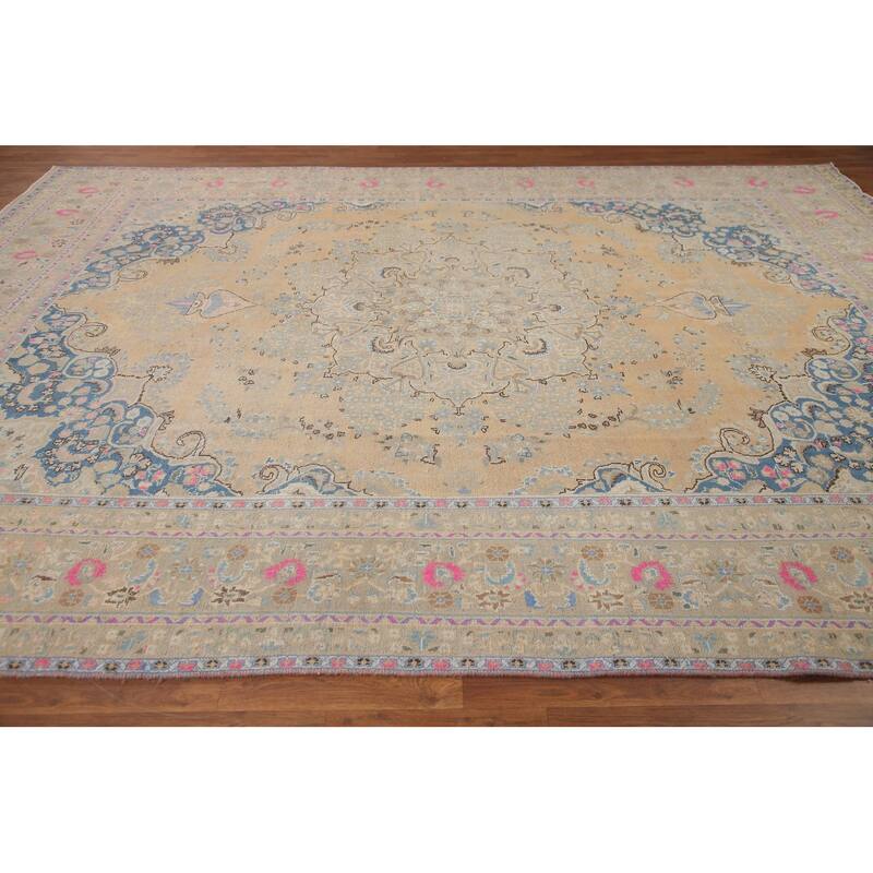 Hand Knotted Oriental 100% Wool Carpet Traditional Floral Peach Tabriz Area Rug - 12' 6'' X 9' 6''
