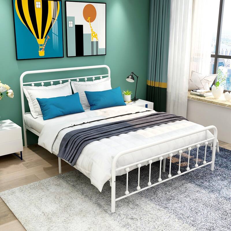 Metal Platform Bed Frame featuring a Headboard, Sturdy Slat Support, No Box Spring Required, and Easy to Assemble‌. - White - Queen