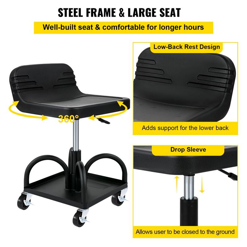 UIMOSO Rolling Garage Stool, 300LBS Capacity, Adjustable Height, Mechanic Seat with 360-degree Swivel Wheels and Tool Tray