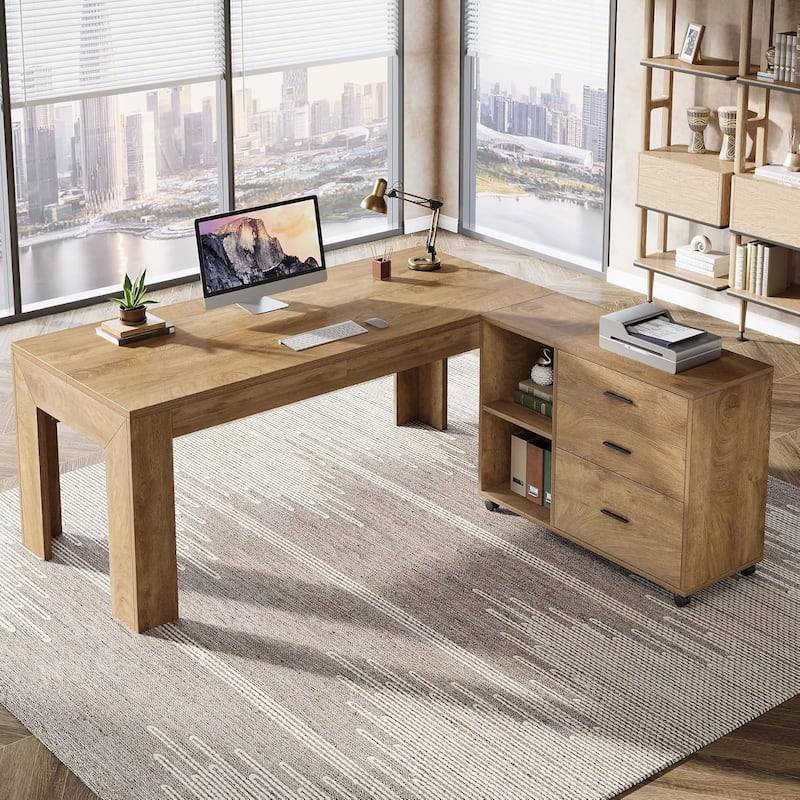 63" L Shaped Executive Desk Office Computer Desk Mobile File Cabinet with Drawers/Shelves Home Office Business Furniture
