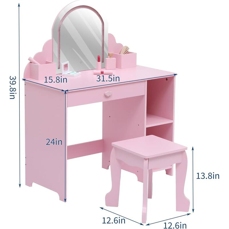 Kids Vanity Set with Lighted Mirror and Stool, Storage Drawer and Shelves for Girls Ages 3–9