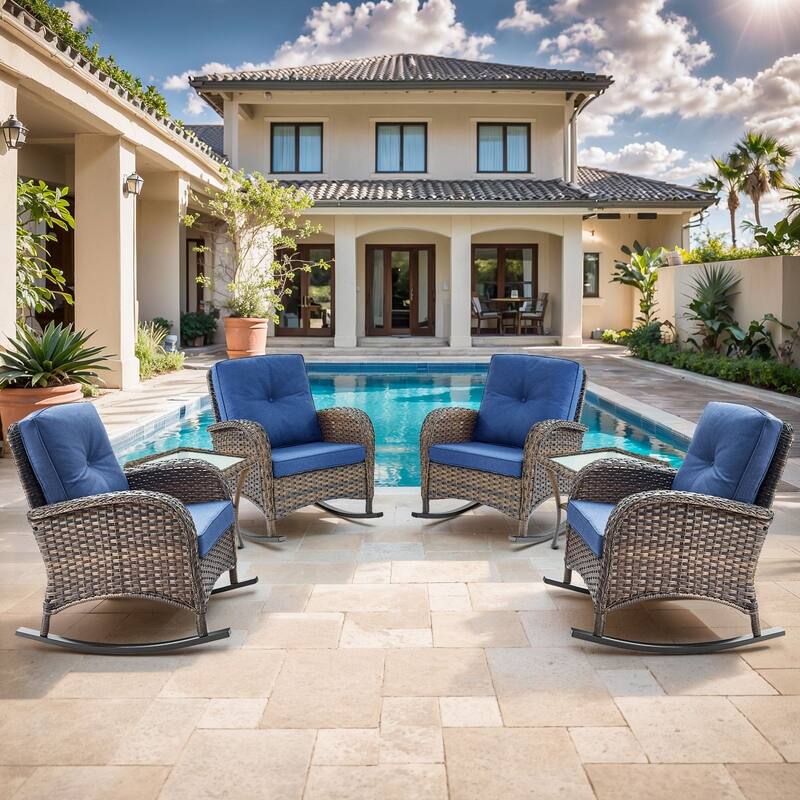 Gymojoy Ergonomic Swivel & Glider / Rocking Chair Set with Side Tables Outdoor Patio Furniture Set - 6-Piece - Rocking Chair - Brown Wicker / Blue Cusion