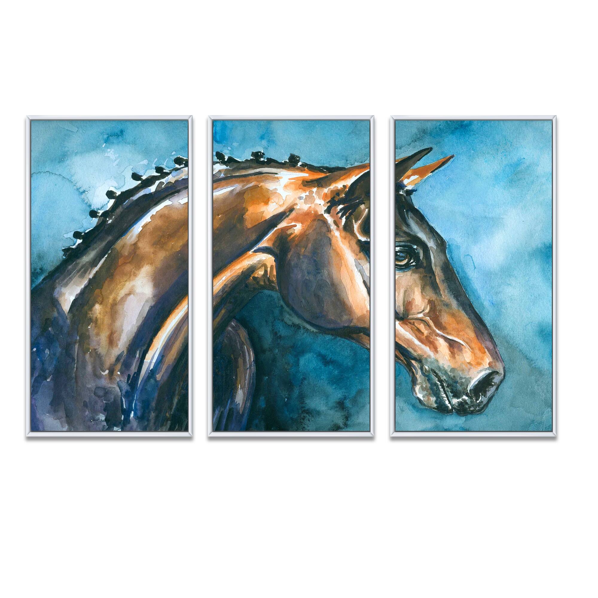 Designart "Brown Horse on Blue Watercolor" Animal Framed Art Prints Set