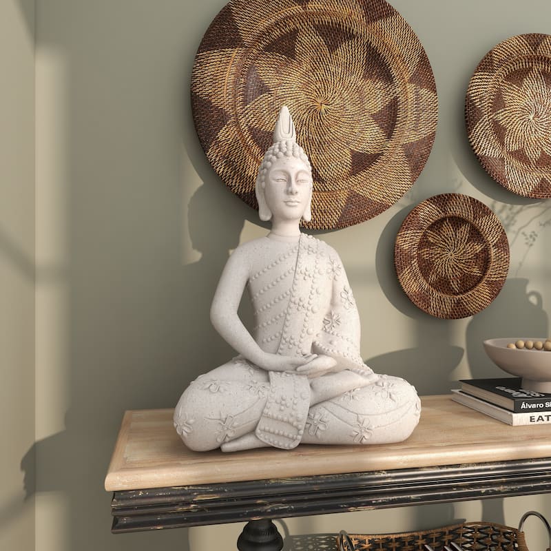 Magnesium Oxide Buddha Indoor Outdoor Meditating Garden Sculpture with Floral Carvings - Gray - Roche River Decor