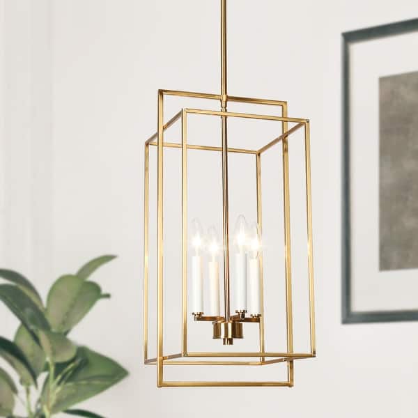 slide 2 of 9, Dilley Mid-century Modern Gold 4-Light Geometric Lantern Chandelier for Dining Room