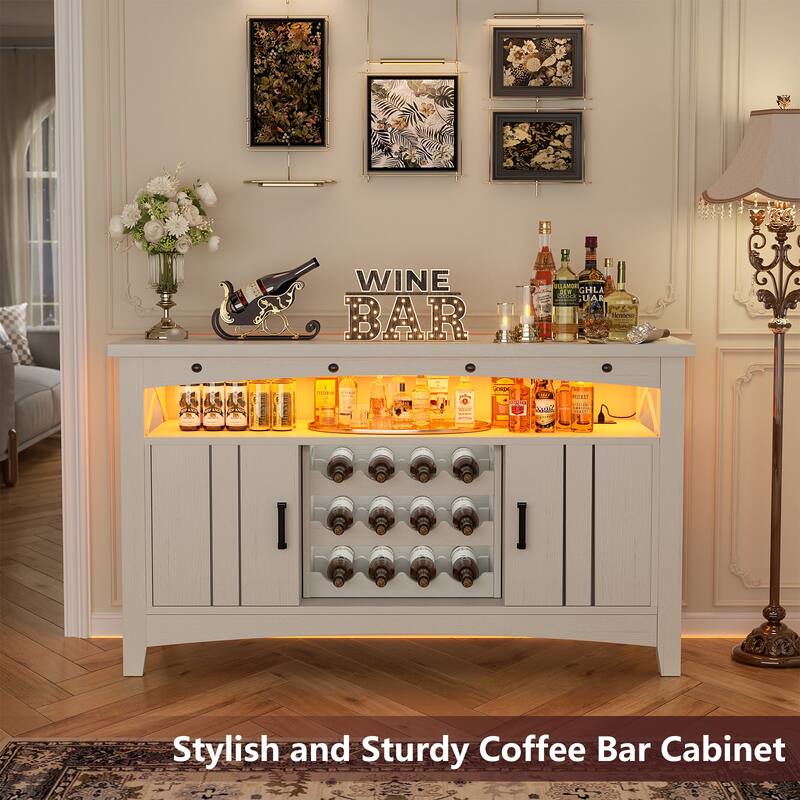 Farmhouse 47" Wine Bar Cabinet with Power Outlets & LED Lights, Industrial Coffee Bar Liquor Cabinet with Shelves & Wine Rack