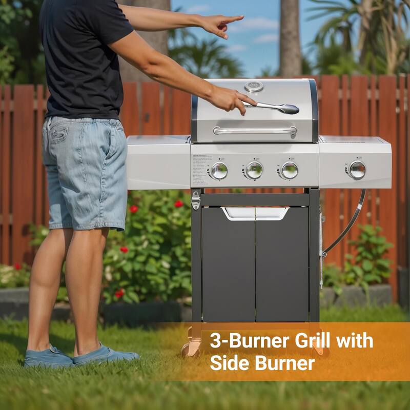 3 Burner Outdoor BBQ Grill Portable Charcoal Cooking Station with Side Stove, for Picnic Camping and Backyard
