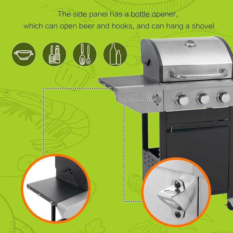 Propane Grill, 3 Burner Barbecue Grill with Side Burner and Electronic Ignition, Stainless Steel BBQ Grill with Wheels