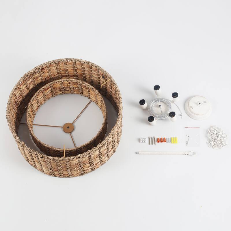 18.9 in. 5-Light Hemp Rope Weaving Drum Chandelier, Bohemian Style Chandelier, Handwoven Semi Flush Mount Chandelier