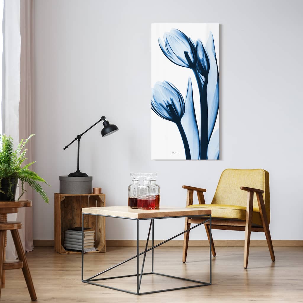 "Two Blue Tulips" Frameless Free Floating Tempered Glass Panel Graphic Wall Art