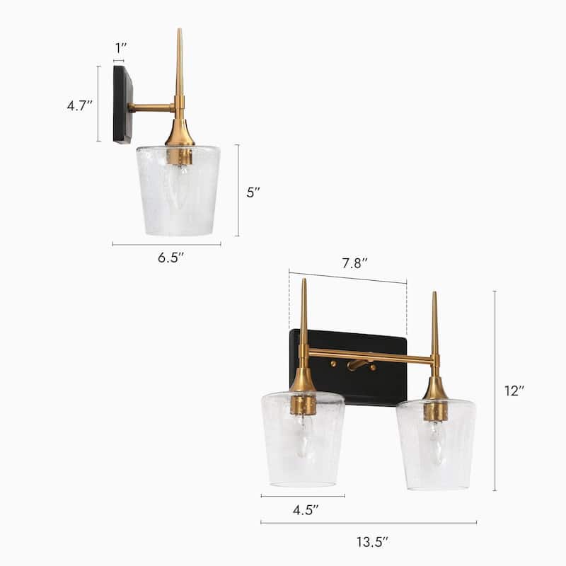 Kahlil Modern Black Gold 2-Light Bathroom Vanity Light Dimmable Wine Glass Wall Sconces - 13.5"L X 6.5"W X 12"H