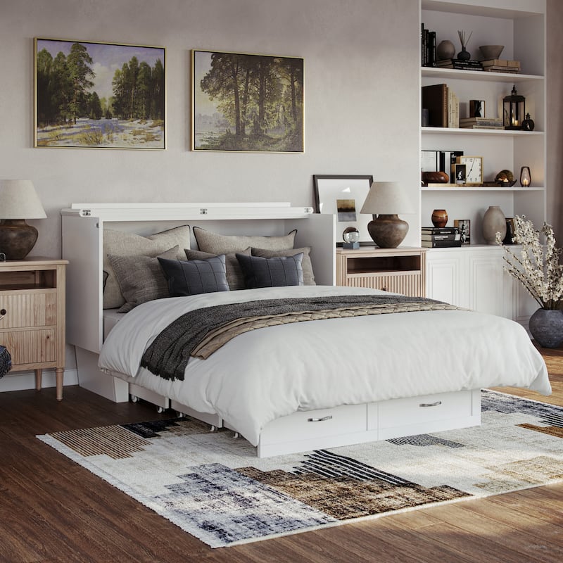 Chelsea Queen Murphy Bed Chest with 6" Mattress, Storage Drawer & Built-In Charger in White