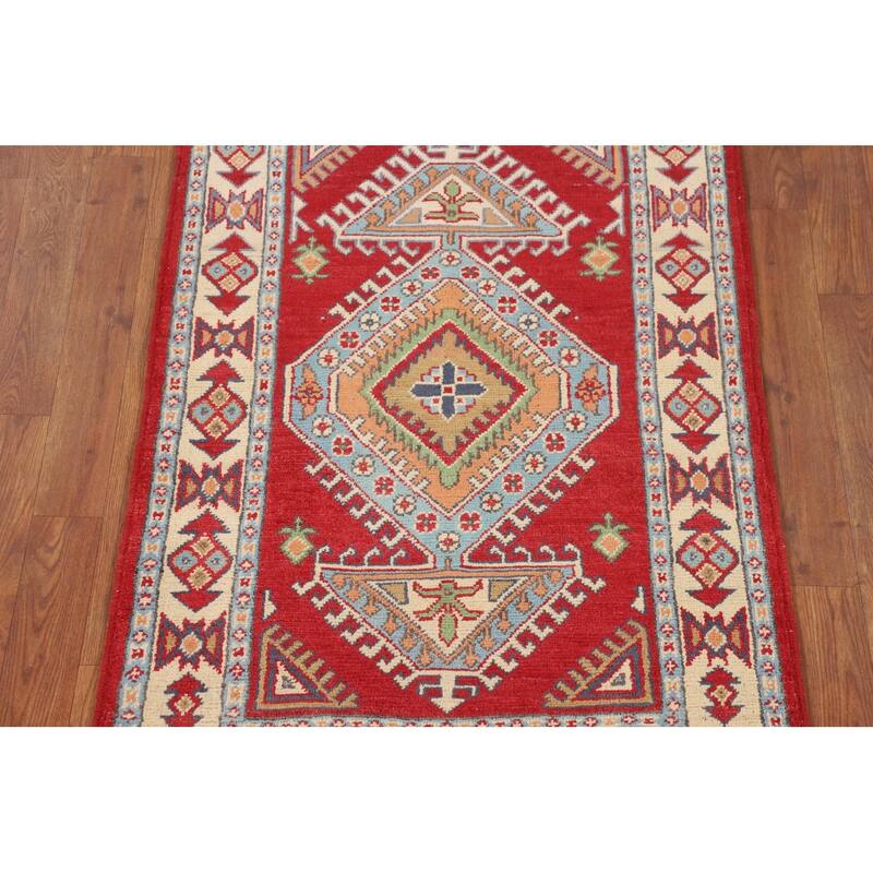 Red Geometric Kazak Oriental Accent Rug Handmade Wool Carpet - 2'8" x 3'11"