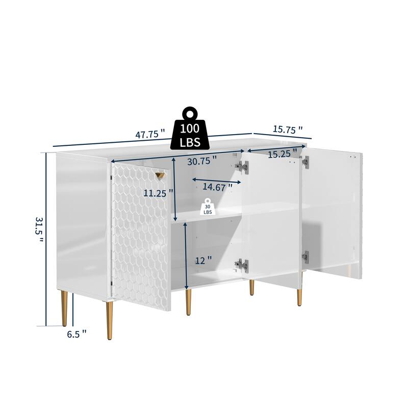 3 Door Glossy Storage Locker Accent Cabinet/Buffet