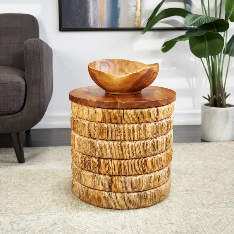 Brown Seagrass Handmade Linear Wrapped Accent Table with Teak Wood Top - Brown
