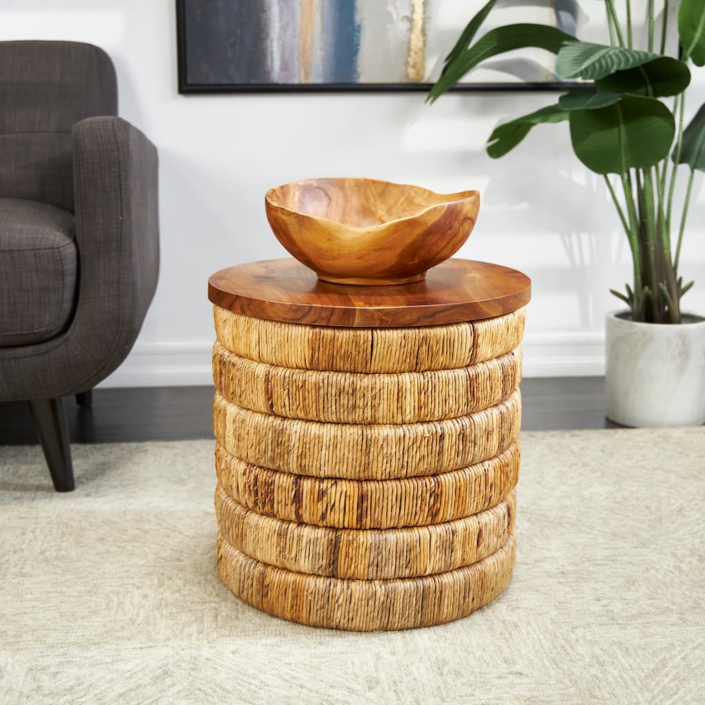 Brown Seagrass Handmade Linear Wrapped Accent Table with Teak Wood Top