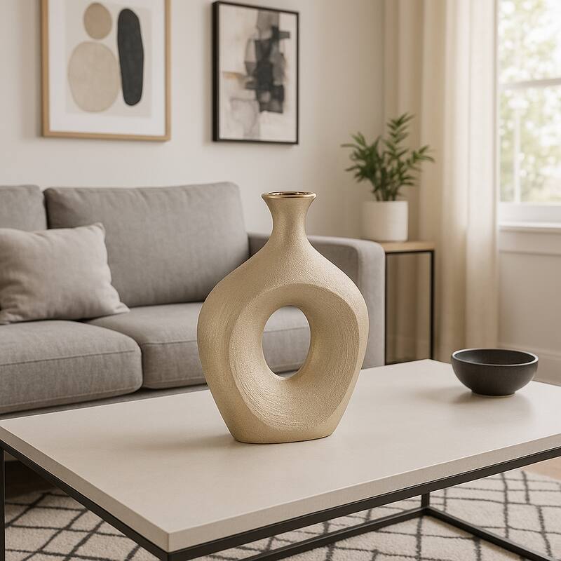 Modern Ceramic Textured Oval Cut-Out Vase - Home Decor - 13"