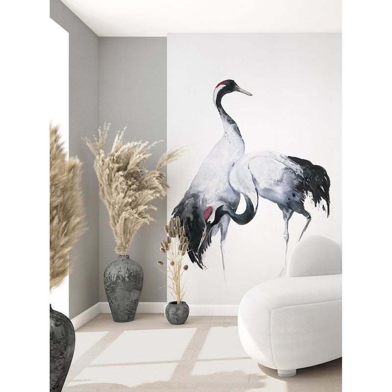 Galerie Wallcoverings Kumano Two Painted Crane 3-Panel Wall Mural Vinyl on Non-woven Matte Finish