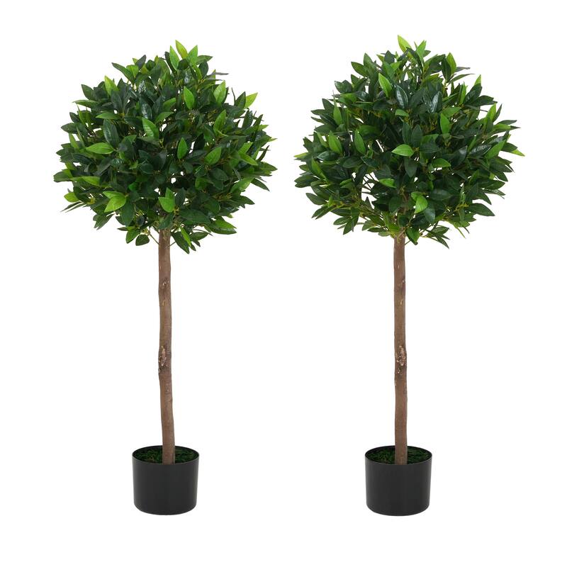 Roomfitters 49'' Artificial Topiary Bay Tree Ball Set of 2, Faux Indoor Decorative Plants with Black Plastic Pots for Home Décor