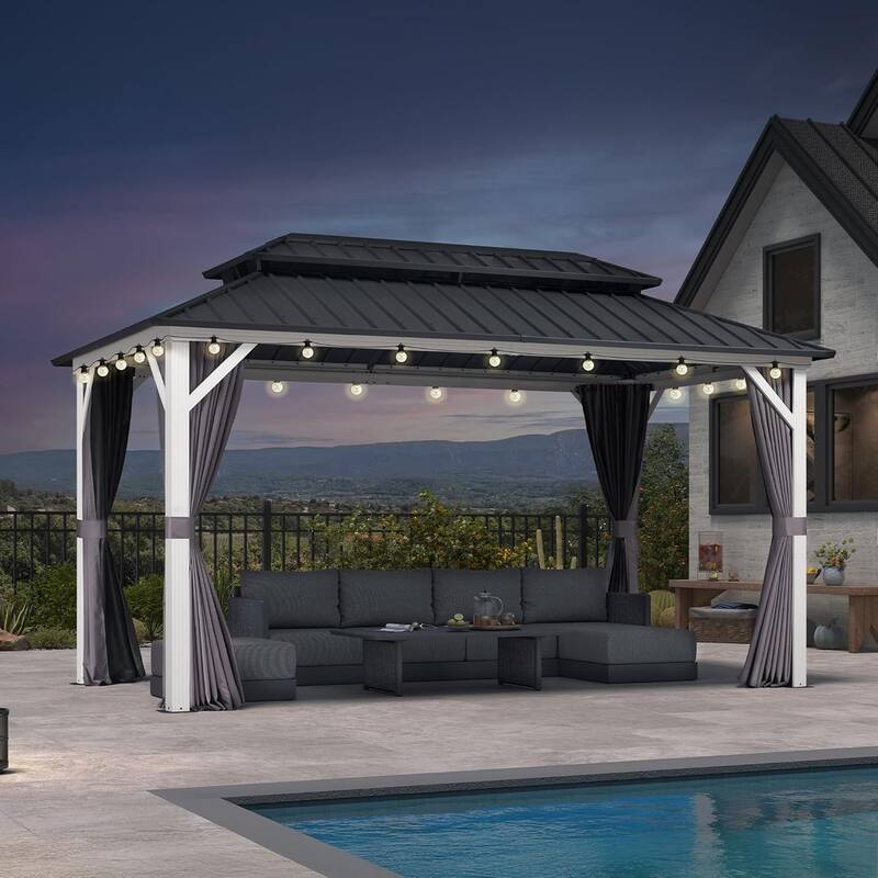 PURPLE LEAF Patio Hardtop Gazebo for Outdoor Grey Galvanized Steel Double Roof White Aluminum Poles - 08' x 14' - Grey with Light