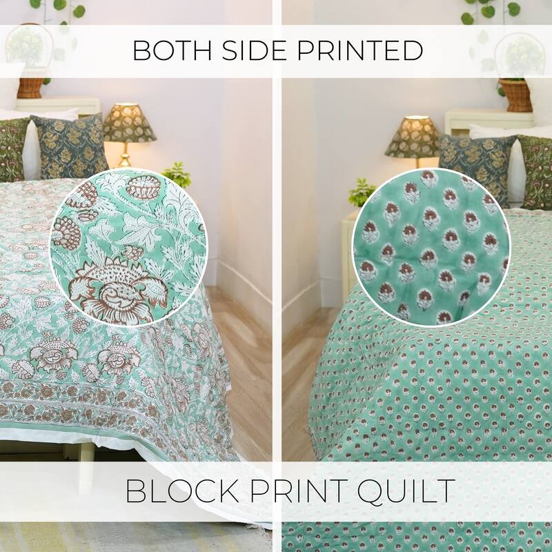 Fabdivine Hand Block Print Blue White Floral 100% Cotton Quilt - Handmade Reversible Organic Boho Bedding for Bedroom & Sofa