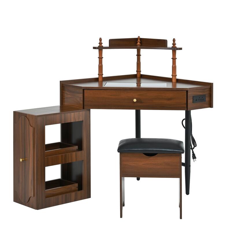 Corner Makeup Vanity Set with Stool & Charging Station, Glass Tabletop Triangle Vanity Dressing Table with Pull-Out Side Cabinet
