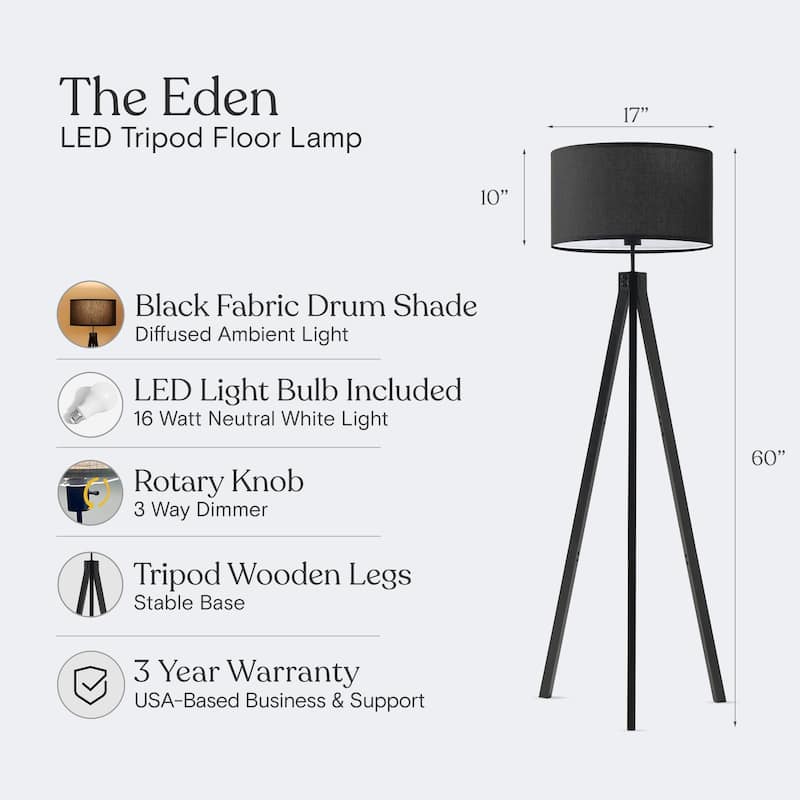 Brightech Eden 58 in. Traditional 3-Way Dimming LED Tripod Floor Lamp with Beige Fabric Drum Shade