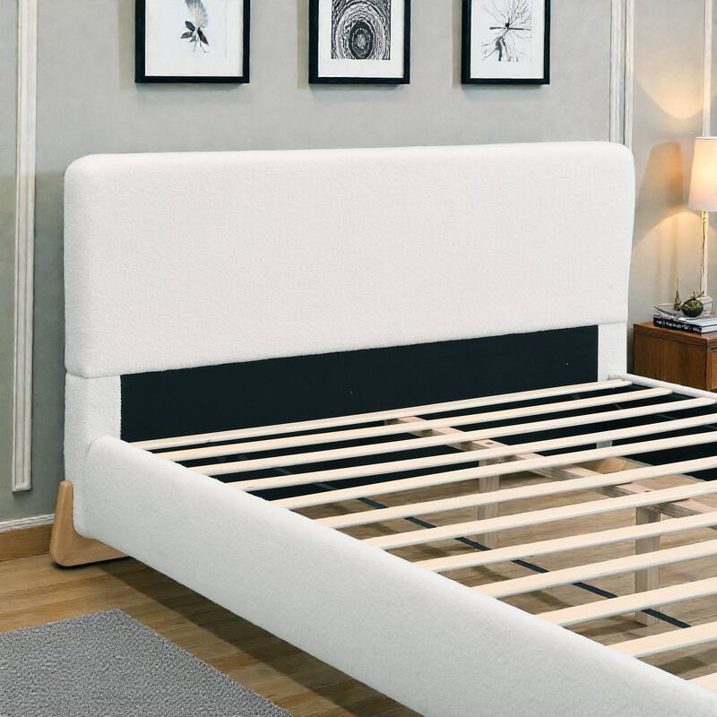 Boucle Upholstered Bed Frame, Soft White Fabric Platform Bed with Solid Wood Legs