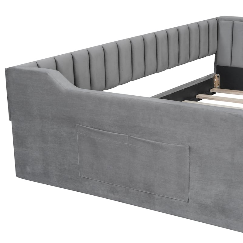Upholstered Daybed with Side Storage Pocket, Living Room Sofa Bed Velvet Fabric Floor Bedframe, Wood Slats Support