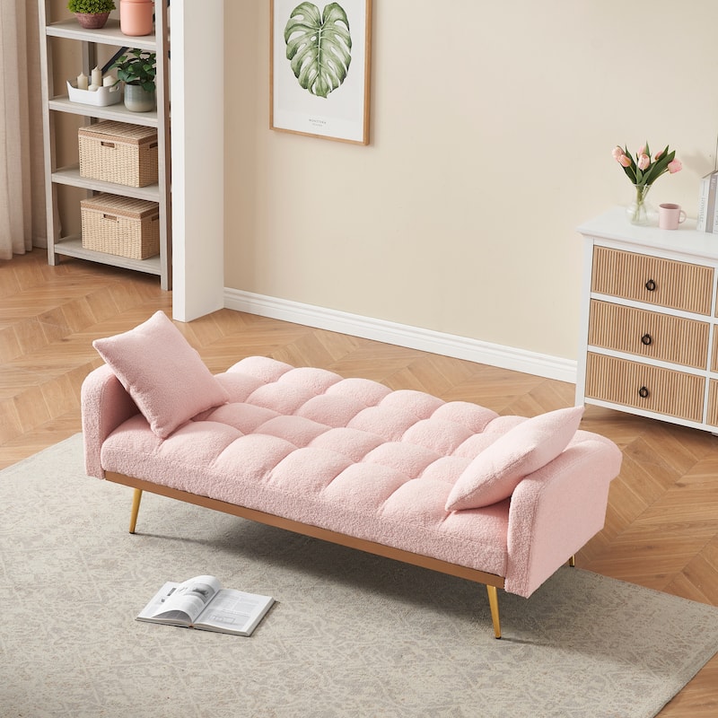Futon Sleeper Sofa Bed Teddy Fabric Lounge Couch with 3 Speed Adjustable Back, Removable Armrest and Pillows for Small Space