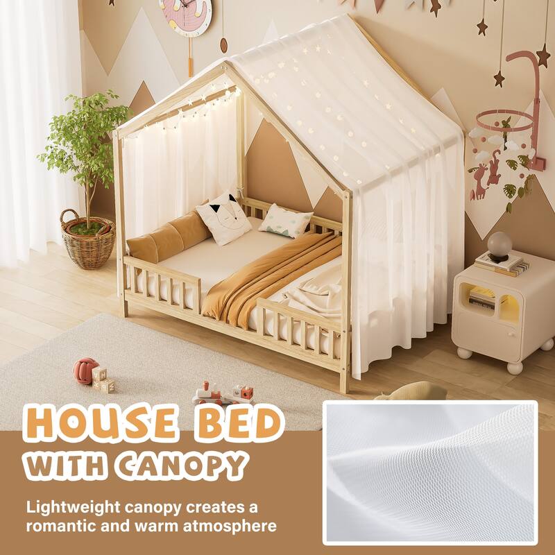 Montessori Toddler Bed Kids House Bed with Airy Canopy, Wood Bed Frame Bed Tent with 4 Full Guardrails, No Box Spring Needed