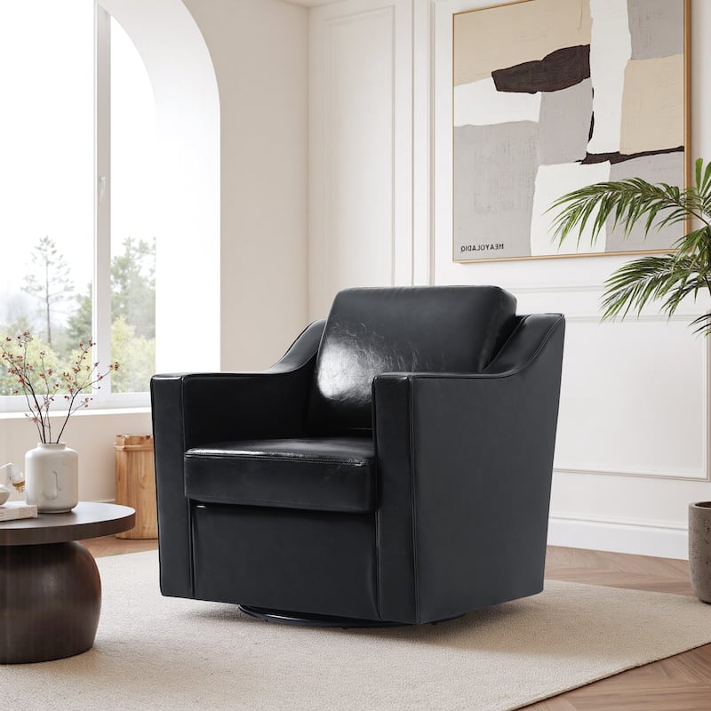 UIXE Chenille/Leather Swivel Barrel Chair Accent Chairs For Living Room - Leather - Black