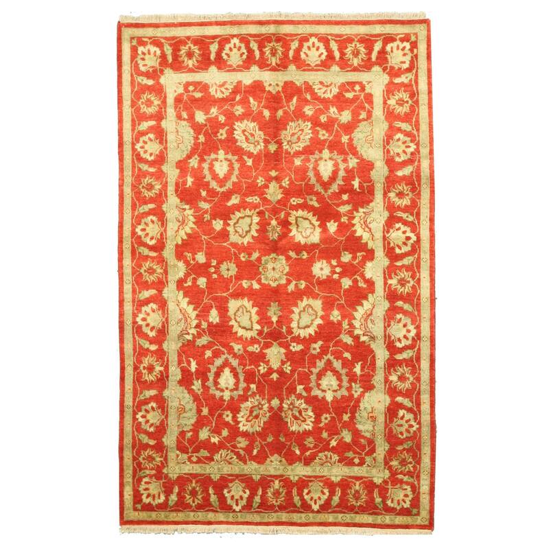 Red Hand Knotted Wool Traditional Agra Rug, 5'8 x 9', Textured Wool with Beige & Green Oriental Pattern - N/A