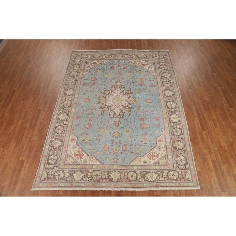 Light Blue Geometric Tabriz Persian Vintage Rug Handmade Wool Carpet - 7'10" x 10'9"