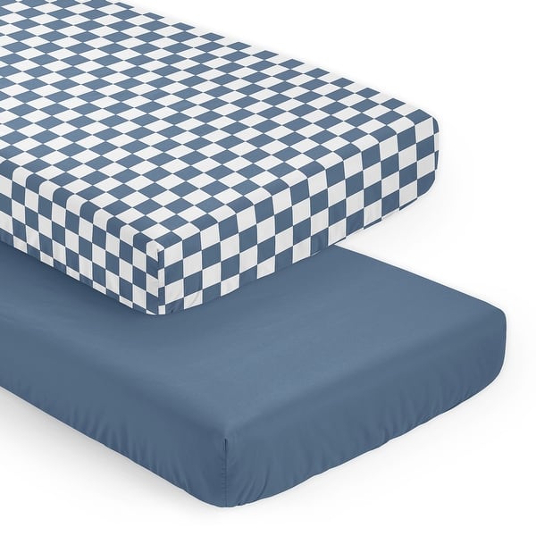 slide 2 of 6, Sweet Jojo Designs Blue Gingham Checkered Plaid Boy 2 Pack Fitted Crib Sheets - Solid Steel and Vintage Classic Checkerboard
