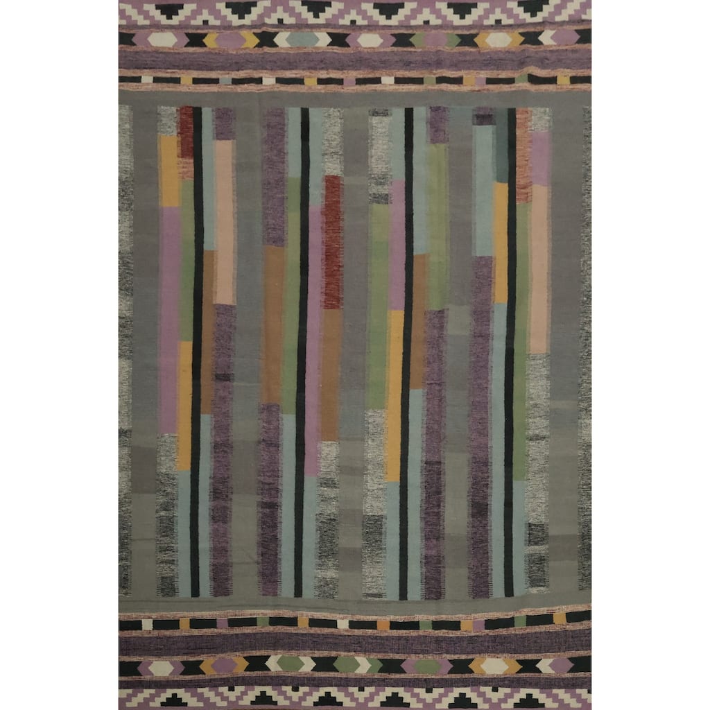 Hand Woven Oriental 100% Wool Carpet Southwestern Modern Multi-Colored Kilim Area Rug - 12' 4'' X 9' 1''
