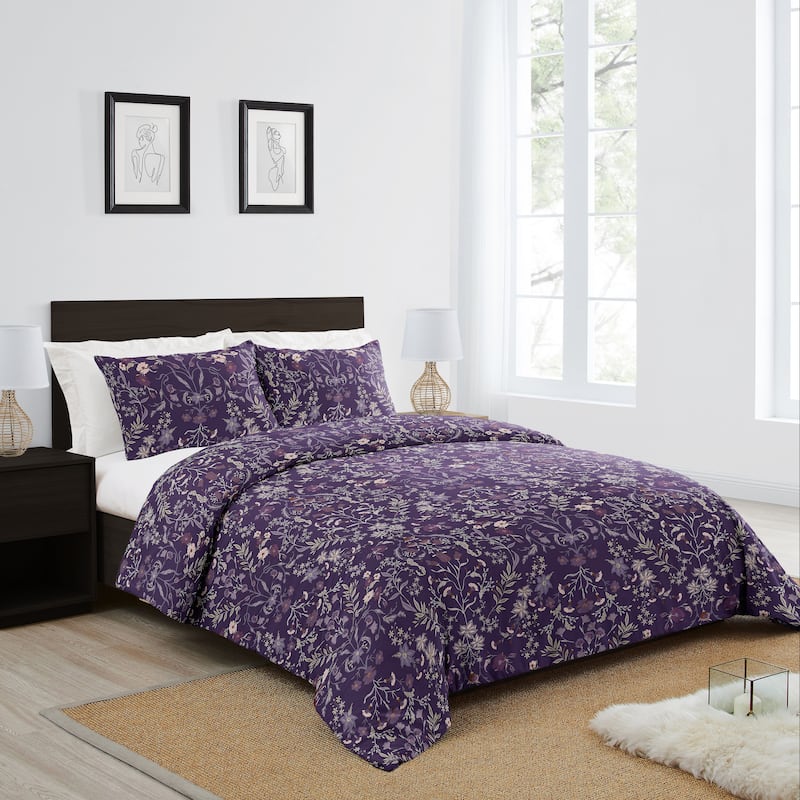 Sweet Jojo Designs Boho Wildflower Vintage Floral Girl 3pc King Duvet Cover Bedding Set - Purple, Teal, Botanical Garden, Flower