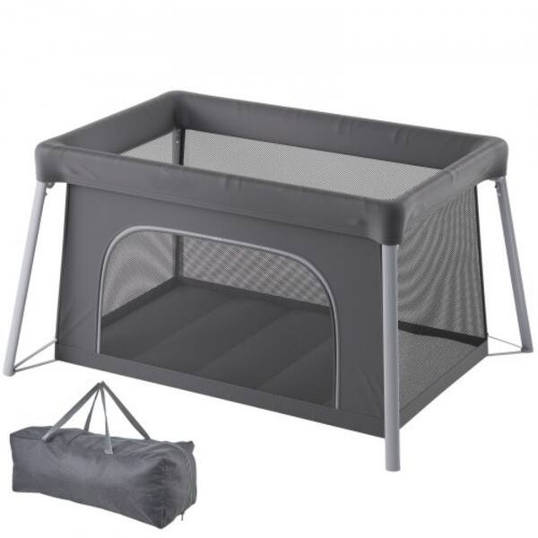 slide 1 of 1, Dark Grey Folding Baby Travel Crib Play Yard with Zipper Gate Ideal for Indoor or Outdoor Use - 44.5" x 29.5" x 23.6" Dark-Grey