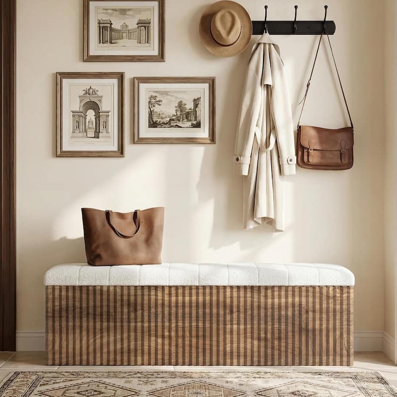 63" Upholstered End of Bed Storage Bench, Modern Wooden Entryway Bench with Cushion, Padded Ottoman