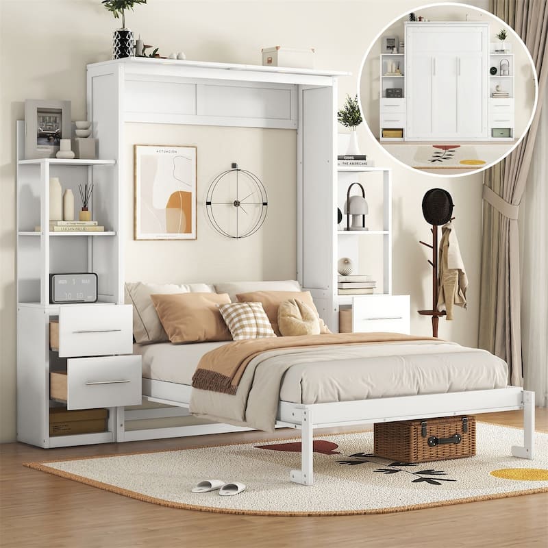 Merax Murphy Bed Wall Bed with Shelves, Drawers and LED Lights - White - Full
